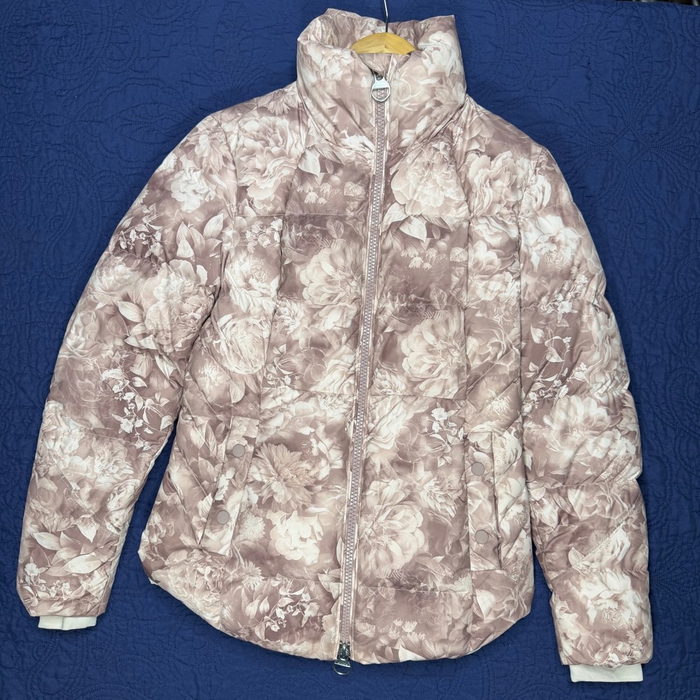 Athleta Downtown Jacket XS Floral Puffer Coat Pink Down Fill Water Repellent EUC